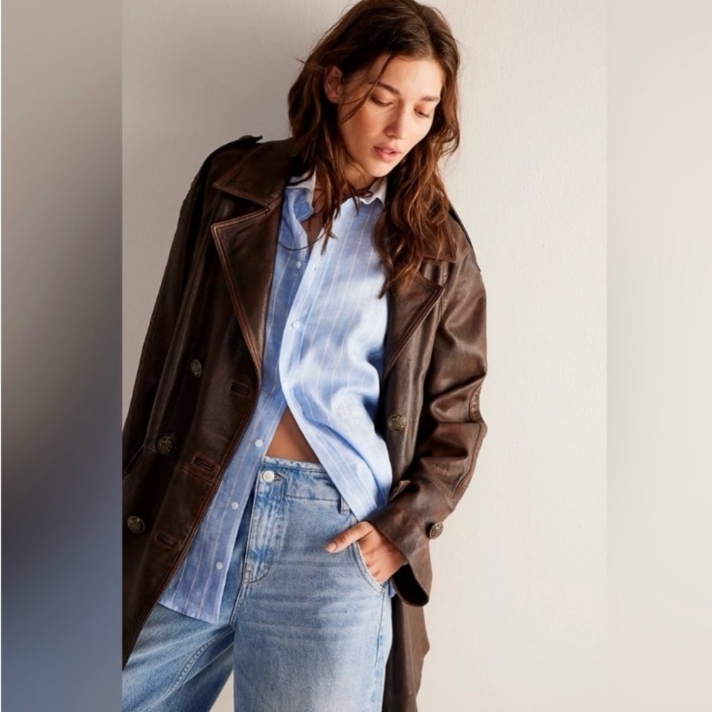 Free People We the Free Top Notch Washed Dark Brown Leather Peacoat Large